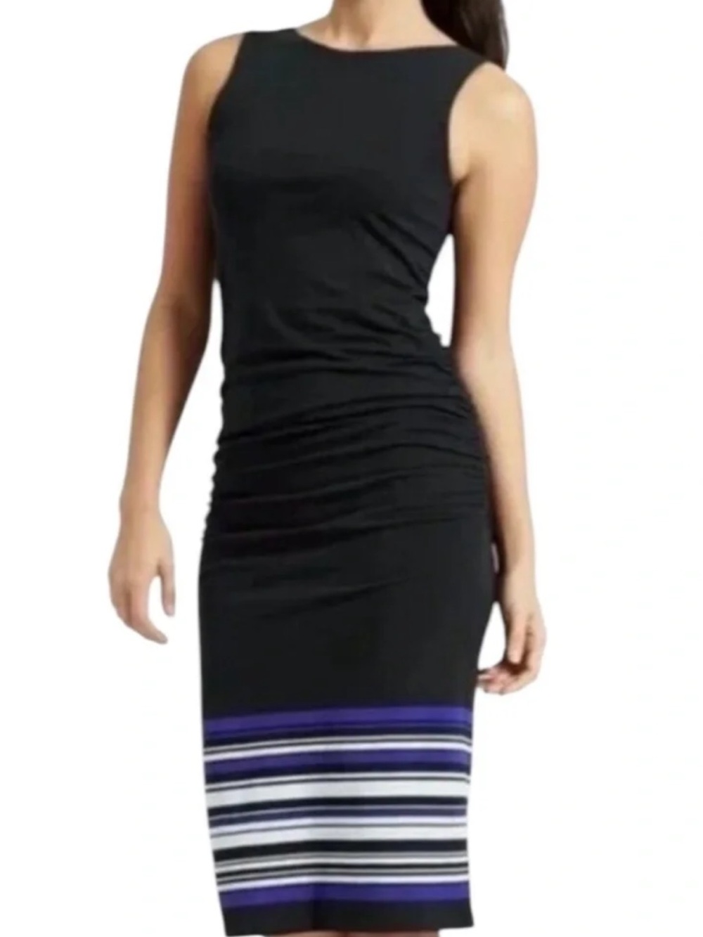 Athleta Black Sleeveless Midi Dress with Royal Blue & White Striped Hem